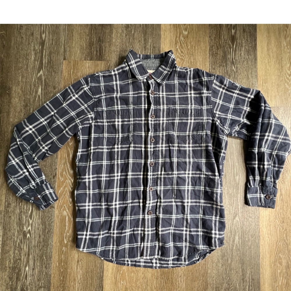 Wrangler Flannel Shirt Mens Medium Navy Blue Plaid Long‎ Sleeve Cotton